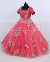 Alia Inspired Full Gown in Flamingo Peach And Rubine Red Shade with Intricate Handworks
