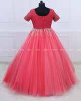 Alia Inspired Full Gown in Flamingo Peach And Rubine Red Shade with Intricate Handworks