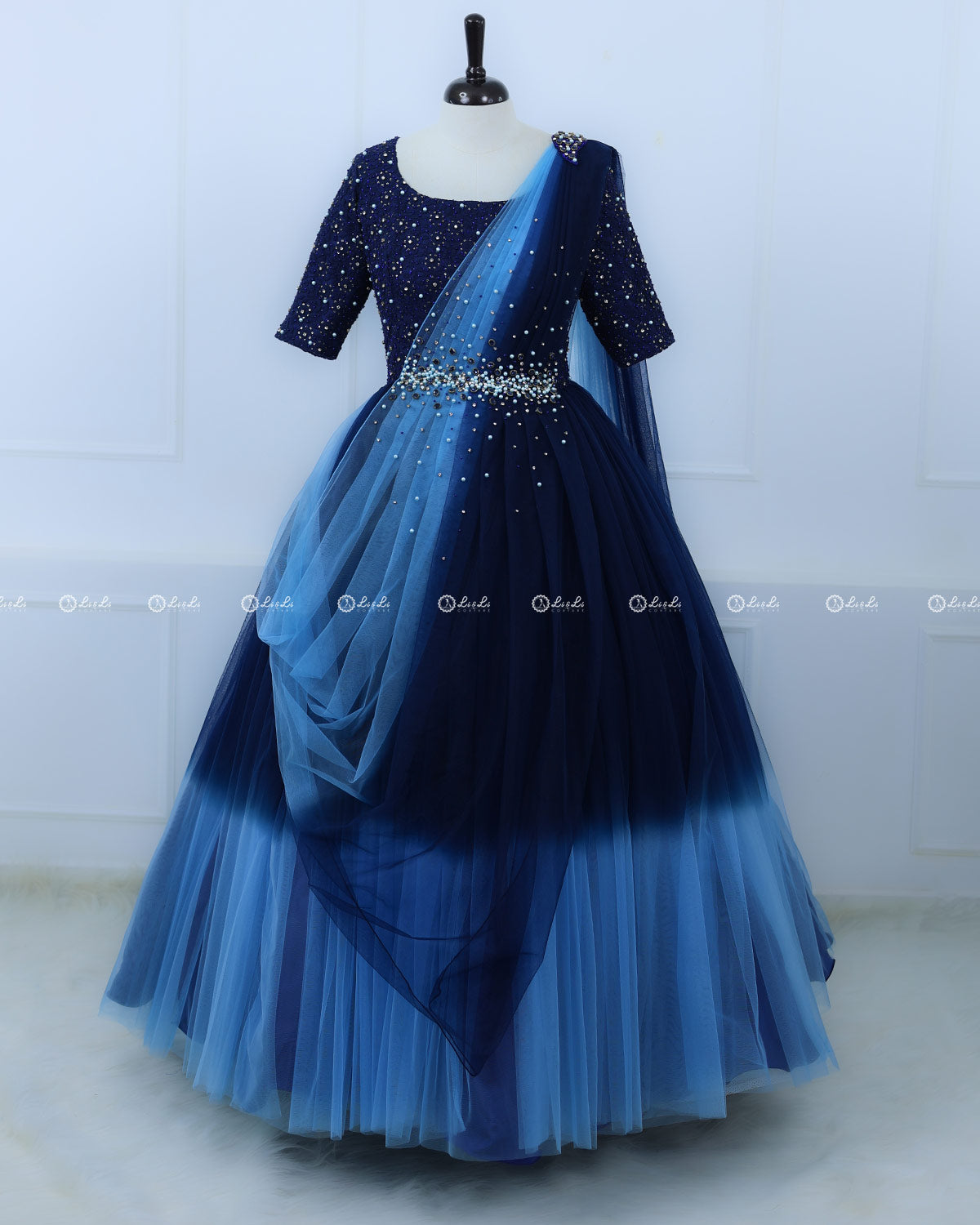 Navy blue and Light Blue Color Gradient Gown with Draped Dupatta –  www.liandli.in