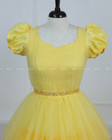 Yellow Dress With Puff Sleeves, Jeweled Waist And Layered Ombre Skirt Fading To Orange