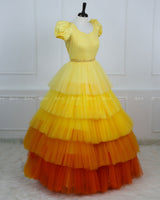 Yellow Dress With Puff Sleeves, Jeweled Waist And Layered Ombre Skirt Fading To Orange