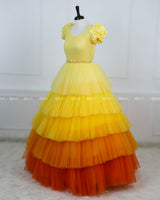 Yellow Dress With Puff Sleeves, Jeweled Waist And Layered Ombre Skirt Fading To Orange