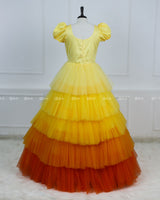Yellow Dress With Puff Sleeves, Jeweled Waist And Layered Ombre Skirt Fading To Orange