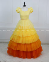 Yellow Dress With Puff Sleeves, Jeweled Waist And Layered Ombre Skirt Fading To Orange