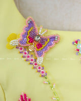 Butterfly and Floral Theme Yellow Gown with Attached Bows and Applique Works