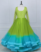 Ombre-Shaded Lime to Turquoise Sequin yoke with Layered Bottom Gown