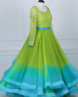 Ombre-Shaded Lime to Turquoise Sequin yoke with Layered Bottom Gown