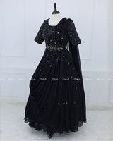 Hand-Embellished Black Georgette Gown with Draped Dupatta