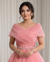 Organza Sleeveless Pleated and Ruffle-Layered Ombre-Shaded Full-Length Gown -Flamingo Pink & Sea Glass(New)
