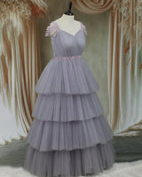 Net Sleeveless Beaded-Shoulder Layered Princess Full-Length Gown - Gray(New)
