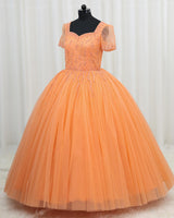 Net Short Puff Sleeve Sparkly Beaded Full Length Ball Gown - Peach (New)