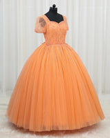Net Short Puff Sleeve Sparkly Beaded Full Length Ball Gown - Peach (New)