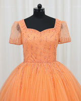 Net Short Puff Sleeve Sparkly Beaded Full Length Ball Gown - Peach (New)
