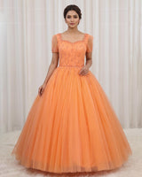 Net Short Puff Sleeve Sparkly Beaded Full Length Ball Gown - Peach (New)