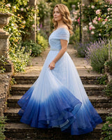 Organza Sleeveless Pleated and Ruffle-Layered Ombre-Shaded Full-Length Gown -Blue (New)
