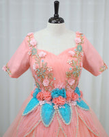 Net Elbow Sleeve 3D Petal Floral Full-Length Gown - Peach & Blue(New)