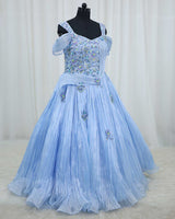 Organza Sleeveless Fabric-Manipulated Floral Full-Length Gown - Blue Ash (New)