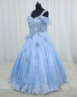 Organza Sleeveless Fabric-Manipulated Floral Full-Length Gown - Blue Ash (New)