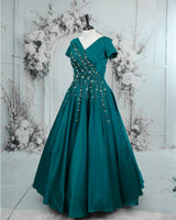 Satin Short-Sleeve Leaf & Flower Embroidered Full-Length Gown - Emerald Green (New)