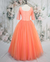 Net Elbow Sleeve 3D Hand Crafted Flower Appliques Floral Full Gown - Peach Bud (New)