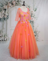 Net Elbow Sleeve 3D Hand Crafted Flower Appliques Floral Full Gown - Peach Bud (New)