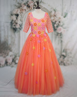 Net Elbow Sleeve 3D Hand Crafted Flower Appliques Floral Full Gown - Peach Bud (New)