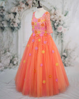 Net Elbow Sleeve 3D Hand Crafted Flower Appliques Floral Full Gown - Peach Bud (New)
