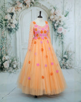 Net Full Sleeve 3D Hand Crafted Flower Appliques Floral Full Gown - Sand (New)