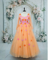 Net Full Sleeve 3D Hand Crafted Flower Appliques Floral Full Gown - Sand (New)