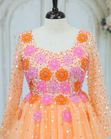 Net Full Sleeve 3D Hand Crafted Flower Appliques Floral Full Gown - Sand (New)