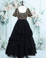 Georgette Black Gown With Golden handworked Yoke Full Gown - Black (New)