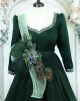 Dark Forest Green Harmony Gown with Twirled Detachable Floral & Peacock Belt New)