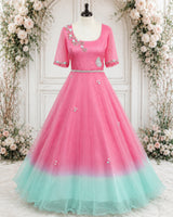 Light Rose Pink and Pale Turquoise Gown with Hand-worked Belt(New)
