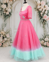 Light Rose Pink and Pale Turquoise Gown with Hand-worked Belt(New)