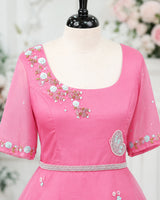 Light Rose Pink and Pale Turquoise Gown with Hand-worked Belt(New)