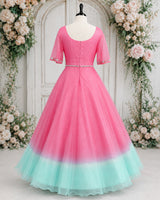 Light Rose Pink and Pale Turquoise Gown with Hand-worked Belt(New)