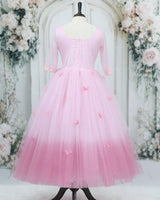 Baby Pink Net Elbow Sleeve Ombre Shade Butterfly & Floral Full Length Gown for Mom(New)