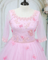 Baby Pink Net Elbow Sleeve Ombre Shade Butterfly & Floral Full Length Gown for Mom(New)