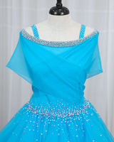 Net Sleeveless Pleated Ruffle-Layered Ombre-Shaded Full-Length Gown for Mom in Lavender & Sky Blue(New)