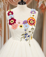 Milky White Net Sleeveless Floral Full-Length Gown for Mom(New)