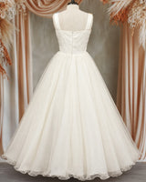 Milky White Net Sleeveless Floral Full-Length Gown for Mom(New)