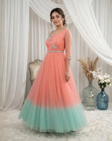 Dark Flamingo Pink and Sea Green Gown with Hand-worked Belt(New)