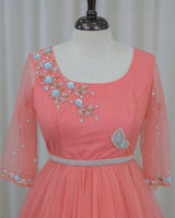 Dark Flamingo Pink and Sea Green Gown with Hand-worked Belt(New)