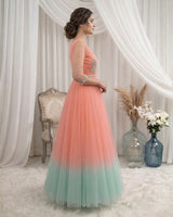 Dark Flamingo Pink and Sea Green Gown with Hand-worked Belt(New)