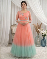Dark Flamingo Pink and Sea Green Gown with Hand-worked Belt(New)