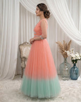 Dark Flamingo Pink and Sea Green Gown with Hand-worked Belt(New)