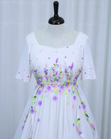 Georgette Elbow Sleeve Aari, 3D Floral & Attached Twirled Strips Embellished Floral Full Length Gown - White & Lavender(New)