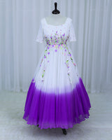Georgette Elbow Sleeve Aari, 3D Floral & Attached Twirled Strips Embellished Floral Full Length Gown - White & Lavender(New)