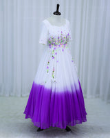 Georgette Elbow Sleeve Aari, 3D Floral & Attached Twirled Strips Embellished Floral Full Length Gown - White & Lavender(New)
