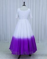 Georgette Elbow Sleeve Aari, 3D Floral & Attached Twirled Strips Embellished Floral Full Length Gown - White & Lavender(New)